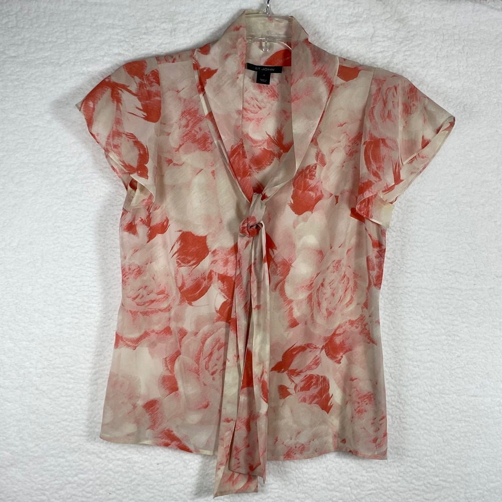 St John Silk Blend Floral Tie Neck Flutter Sleeve Blouse Coral Cream Size 8